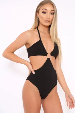 Black Halterneck Ring Front Extreme Cut Out Bodysuit - Helayna