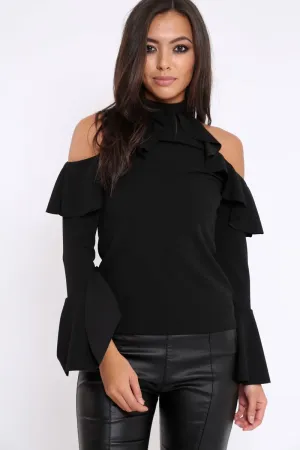 Black High Neck Cold Shouldered Frill Top - Stace