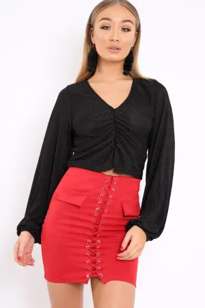 Black Plisse Ruched Front Crop Top - Karen