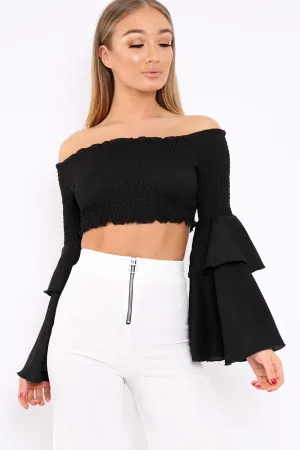 Black Shirred Bardot Crop Top with Ruffle Sleeves - Dee