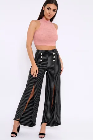 Black Striped High Waist Split Front Flare Trousers - Reana