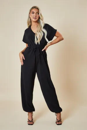 Black V-Neck Oversized Tie Detail Jumpsuit - Sammie