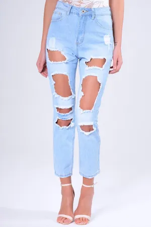 Blue Light Wash Ripped Thigh Detail Mom Jeans - Ashleigh