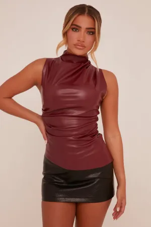 Burgundy Faux Leather Ruched Top - Danica