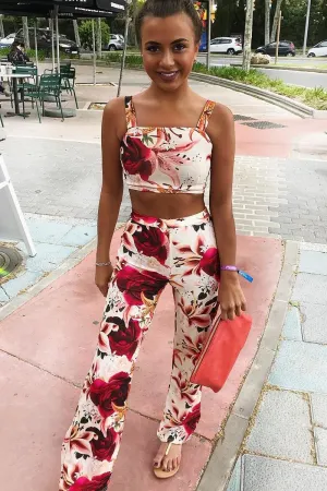 Cream and Red Floral Crop Top and Trousers Co-ord Set - Kimmy