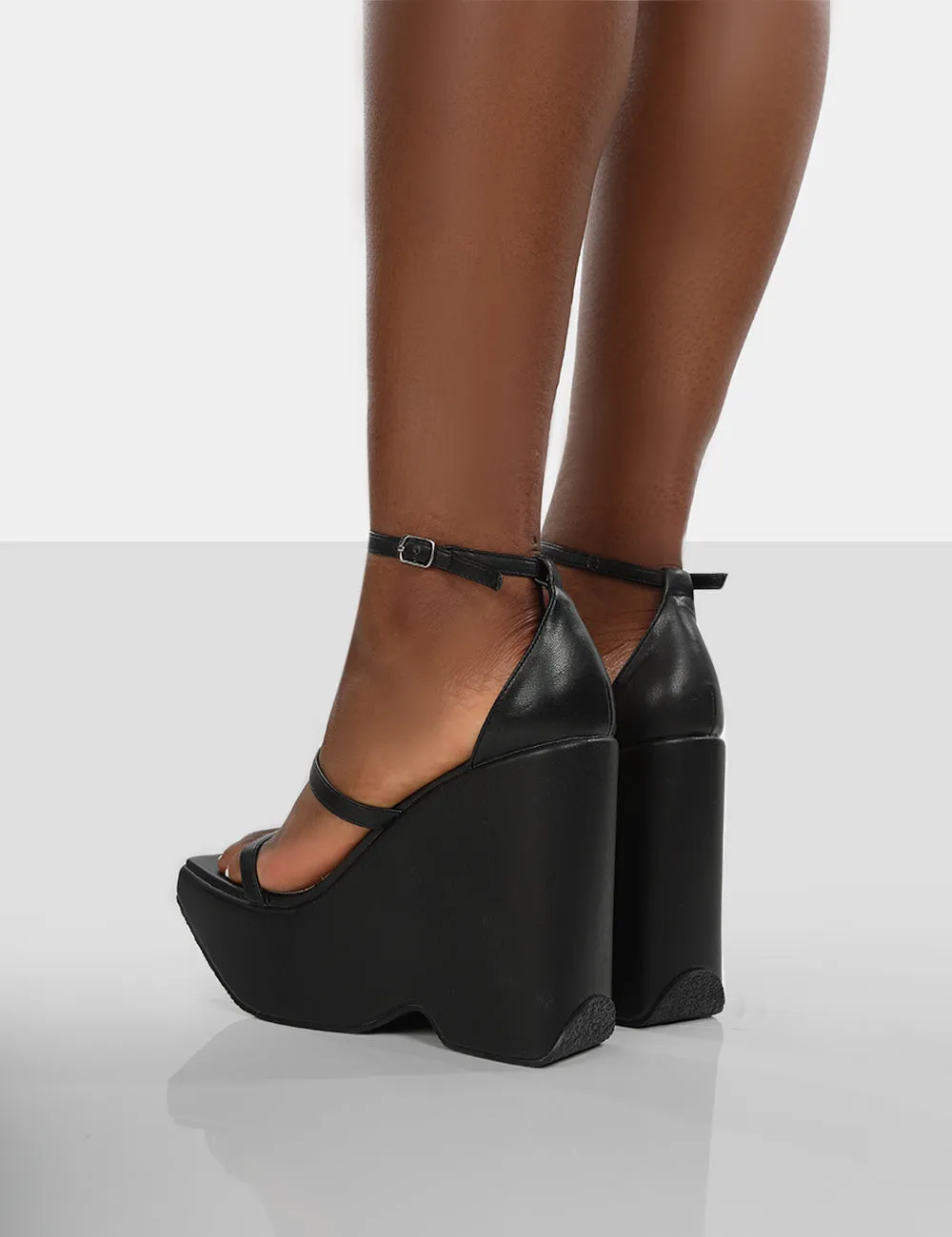 Duke Black Strappy Square Toe Platform Wedge High Heels