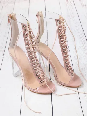 Lace Up Zipper Back Transparent Heels